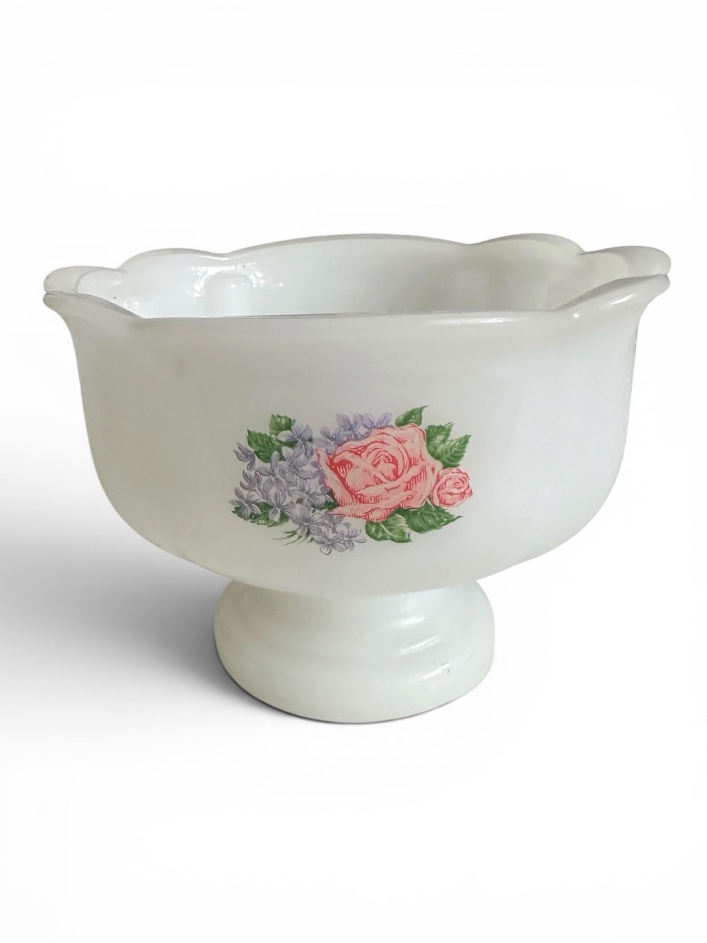 Avon Milk Glass Pedestal Bowl with Floral Motif